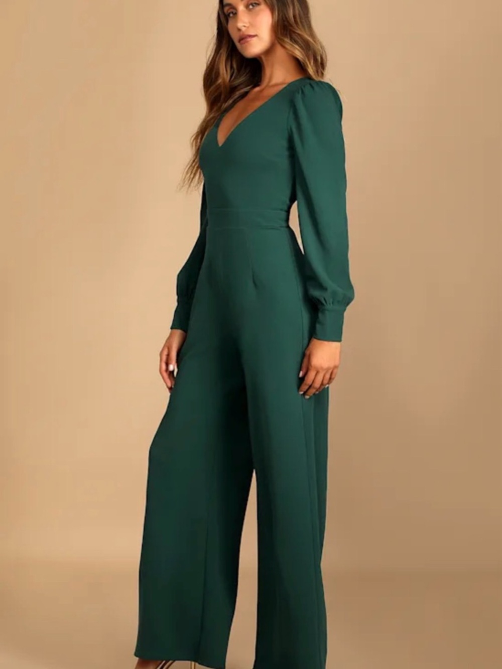 Lulu's Emerald Green Long-Sleeve V-Neck Jumpsuit
